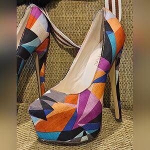 Liliana Rainbow Geometric Multi-Color Platform Stiletto Heels - Size 8